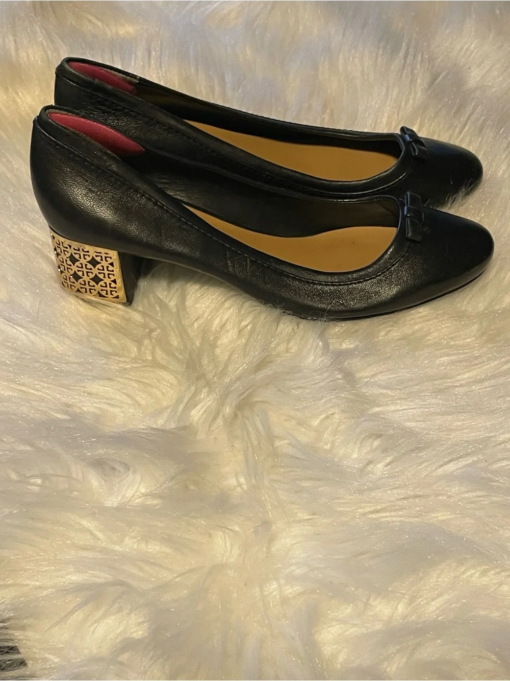 Tory Burch Elegant Classic Black Leather Block Heel Pumps with Decorative Heel